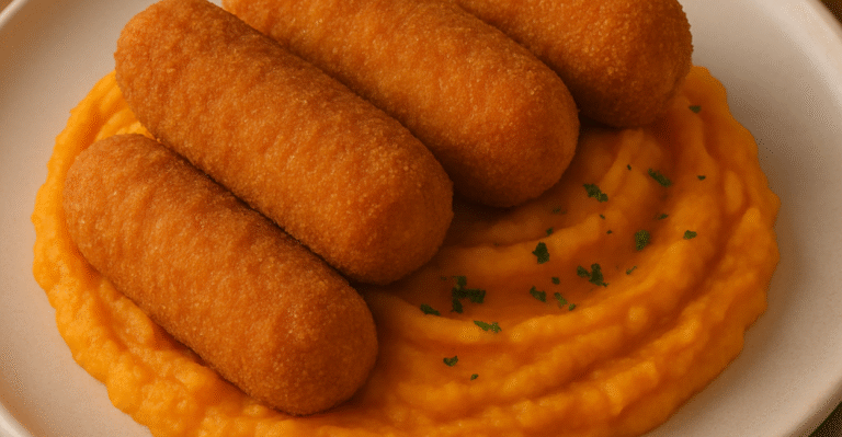 Croquete de frango com purê de batata-doce