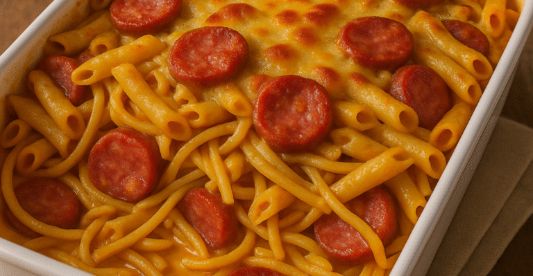 O macarrão com calabresa gratinado